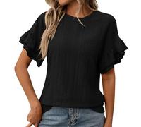 Camicia estiva da donna, in cotone, oversize, basic, con scollo a V, a maniche corte, tinta unita, con scollo rotondo, volant, per donna, alla moda, Nero , S