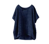 Camicia estiva da donna in lino, alla moda, oversize, girocollo, maniche corte, top carino, casual, vestibilità larga, comoda camicetta per le giornate calde, X2-navy, M