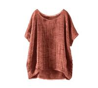 Camicia estiva da donna in lino, alla moda, oversize, girocollo, maniche corte, top carino, casual, vestibilità larga, comoda camicetta per le giornate calde, X2-arancione, M