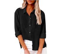 Camicia estiva da donna, in lino, casual, con bottoni, alla moda, a maniche lunghe, in cotone, con tasca per praticità, Nero , S
