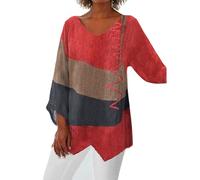 Camicia estiva da donna in lino, vestibilità ampia, maniche a 3/4, top a tunica con spacco laterale, maglietta elegante, disponibile in taglie forti per il massimo comfort, X1-rosso., L