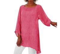 Camicia estiva da donna in lino, vestibilità ampia, maniche a 3/4, top a tunica con spacco laterale, maglietta elegante, disponibile in taglie forti per il massimo comfort, X5-rosa, XL