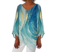 Camicia estiva da donna in lino, vestibilità ampia, maniche a 3/4, top a tunica con spacco laterale, maglietta elegante, disponibile in taglie forti per il massimo comfort, X3-azzurro cielo, L