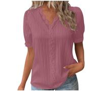 Camicia estiva da donna in pizzo con scollo a V, tinta unita, elegante, alla moda, tinta unita, elegante, a maniche corte, comoda, morbida, da donna, Colore: rosa., 3XL