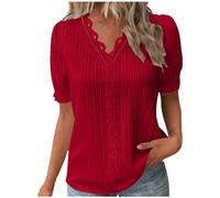 Camicia estiva da donna in pizzo con scollo a V, tinta unita, elegante, alla moda, tinta unita, elegante, a maniche corte, comoda, morbida, da donna, Colore: rosso, XL