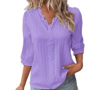 Camicia estiva da donna in pizzo con scollo a V tinta unita elegante camicia elegante a maniche corte comoda lusinghiera tunica top da donna, X1-viola, S