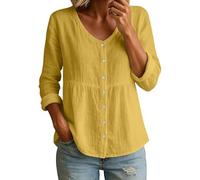 Camicia Estiva da Donna, Vita Impero, Scollo a V, Top Peplum, Maniche Lunghe, Casual, Leggera, Gialla, Taglia L