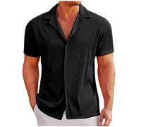 Camicia estiva da uomo a maglia con bottoni, a maniche corte, a coste, da spiaggia, da uomo, in tinta unita, per il tempo libero, da lavoro, casual, Nero , L