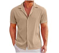 Camicia estiva da uomo a maglia con bottoni, a maniche corte, a coste, da spiaggia, da uomo, in tinta unita, per il tempo libero, da lavoro, casual, cachi, L
