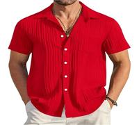 Camicia estiva da uomo a maniche corte, tinta unita, traspirante, a righe, con tasche, stile spiaggia for le vacanze(Red,S)