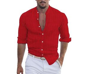 Camicia estiva da uomo a maniche lunghe, con bottoni, a righe, per il tempo libero, in cotone, traspirante, a maniche lunghe, leggera, con colletto alto, tinta unita, casual, per le vacanze, Colore