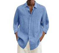 Camicia estiva da uomo con maniche a 3/4, camicia da spiaggia da uomo, in cotone e lino, casual, leggera, con bottoni, traspirante, per vacanze all'isola tropicale, blu cielo, L