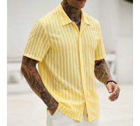 Camicia estiva da uomo con stampa all-over e bottoni sul davanti, a maniche corte, in maglia, casual e versatile di stile maturo e alla moda L,M,S,XL,XSA strisceTessuto in maglia