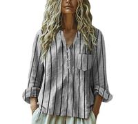 Camicia Estiva Donna Lunga Oversize Maniche Lunghe Women Baggy Cotton Linen Tops Stylish Print Blouse for Women Plus Size Long Sleeve V Neck T Shirt Curvy Abbigliamento Donna Taglie Forti (Grey XL)