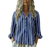 Camicia Estiva Donna Lunga Oversize Maniche Lunghe Women Baggy Cotton Linen Tops Stylish Print Blouse for Women Plus Size Long Sleeve V Neck T Shirt Curvy Abbigliamento Donna Taglie (Blue XXXXXL)