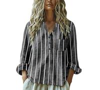 Camicia Estiva Donna Lunga Oversize Maniche Lunghe Women Baggy Cotton Linen Tops Stylish Print Blouse for Women Plus Size Long Sleeve V Neck T Shirt Curvy Abbigliamento Donna Taglie (Dark Gray S)