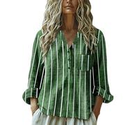 Camicia Estiva Donna Lunga Oversize Maniche Lunghe Women Baggy Cotton Linen Tops Stylish Print Blouse for Women Plus Size Long Sleeve V Neck T Shirt Curvy Abbigliamento Donna Taglie Forti (Green M)