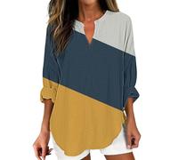 Camicia Estiva Donna Maniche Corte Lunghe Lunga Womens Cotton Linen Tops for Women Spring Summer V Neck Roll Up 3/4 Sleeve T Shirts Plain Graphic Tees Blusa Donna Elegante Curvy Taglie (Yellow XXL)