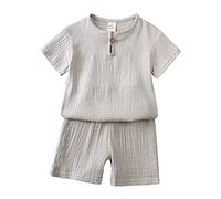 Camicia estiva in cotone per bambini e ragazze, 2 pezzi, tinta unita, a maniche corte, girocollo, pantaloncini casual e rilassati, abbigliamento quotidiano, maglietta traspirante, Grigio, 5-6 Years