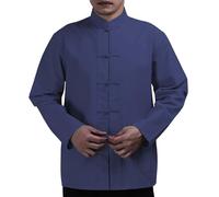 Camicia formale a maniche lunghe casual per uomo colletto in cotone a maniche lunghe T-shirt da uomo Tang Dynasty Plate Fibbia Casual Traspirante Atletico Sport Workwear Top, Marina Militare, XXL