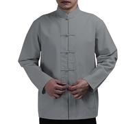 Camicia formale a maniche lunghe casual per uomo colletto in cotone a maniche lunghe T-shirt da uomo Tang Dynasty Plate Fibbia Casual Traspirante Atletico Sport Workwear Top, Grigio, L