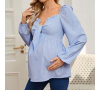 Camicia futura mamma a maniche a lanterna con scollo a cuore, con righe e volant sull'orlo, per l'autunno L,M,S,XLColore unico,A strisceTessuto intrecciato