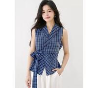 Camicia Gilet Blu A Quadretti Senza Maniche Con Nodo In Vita Elegante CF49623