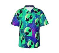 Camicia hawaiana con stampa di alieni verdi, morbida, da uomo, a maniche corte, con bottoni, per vacanze al mare, Nero , L