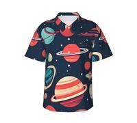 Camicia hawaiana con stampa di pianeti dello spazio esterno, morbida, da uomo, a maniche corte, con bottoni, per vacanze al mare, Nero , S