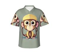 Camicia hawaiana con stampa scimmia carina morbida da uomo a maniche corte con bottoni per vacanze al mare, Nero , L