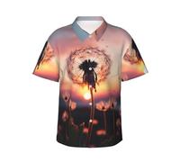 Camicia hawaiana da uomo a maniche corte con bottoni a forma di dente di leone al tramonto, camicia da spiaggia leggera, nero, M