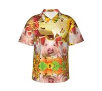 Camicia hawaiana da uomo a maniche corte con stampa di maiale animale, perfetta per vacanze al mare e feste in piscina, Nero , L-4XL