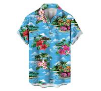 Camicia hawaiana da uomo, a maniche corte, da uomo, per il tempo libero, estivo, per le vacanze, con fiori, divertente, casual, da spiaggia, in lino, da uomo, estiva, traspirante, Blu cielo B, L