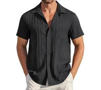 Camicia hawaiana da uomo a maniche corte, per il tempo libero, Guayabera, con colletto cubano, da spiaggia, in cotone, a righe, a maniche corte, estiva, da spiaggia, da uomo, con tasche, Nero15., S