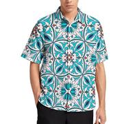 Camicia hawaiana da uomo, blu e bianca, stile marocchino, per l'estate, la spiaggia, a maniche corte, casual, con bottoni e tasca, Piastrella marocchina blu e bianca, L
