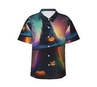 Camicia hawaiana da uomo con cappello da strega fantasma, arcobaleno, Halloween, fantasma, ragni, tropicali, vacanze, spiaggia, camicie casual, abbigliamento estivo, Nero, M