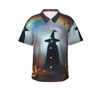 Camicia hawaiana da uomo con cappello da strega fantasma, arcobaleno, Halloween, fantasma, ragni, tropicali, vacanze, spiaggia, camicie casual, abbigliamento estivo, nero, S
