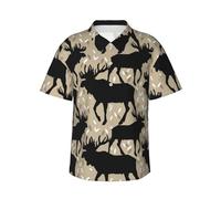 Camicia hawaiana da uomo, con corna di alce e alce, stile vintage, con bottoni, a maniche corte, da spiaggia, Nero, 3XL