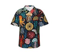 Camicia hawaiana da uomo con scheletro di dinosauro verde, a maniche corte, con bottoni, estiva, da spiaggia, con tasca, Cute Sea Lifes Dots Dark, S