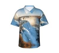 Camicia hawaiana da uomo con stampa al tramonto con cascata islandese, camicia hawaiana con maniche per l'estate, essenziale per le vacanze al mare, Nero , XXL