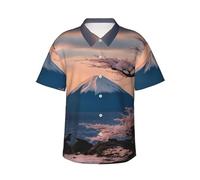 Camicia hawaiana da uomo con stampa del Monte Fuji del Giappone, essenziale per vacanze in spiaggia tropicale, per estate e crociere, Nero, XL
