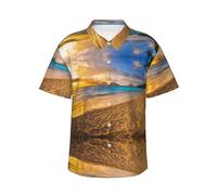Camicia hawaiana da uomo con stampa di palme hawaiane al tramonto, camicie con bottoni sulle maniche per l'estate, essenziale per le vacanze al mare, Nero , M