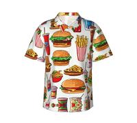 Camicia hawaiana da uomo con stampa fast food,Manica corta abbottonata per le vacanze,Camicie estive per gli uomini, Nero , 3XL