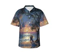 Camicia hawaiana da uomo con stampa romantica da spiaggia, a maniche corte, con bottoni, elegante e essenziale per le vacanze al mare, Nero , 3XL