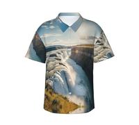 Camicia hawaiana da uomo con stampa tramonto sul campo del fiume della cascata islandese, camicie estive casual, essenziali per le vacanze al mare tropicale, Nero , M