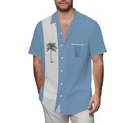 Camicia hawaiana da uomo estiva cubana Guayabera magliette in cotone lino a blocchi di colore camicie a maniche corte tropicali top tee, Z11-Camicia hawaiana blu da uomo, XXL