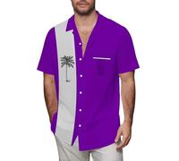 Camicia hawaiana da uomo estiva cubana Guayabera magliette in cotone lino a blocchi di colore camicie a maniche corte tropicali top tee, Z11-Camicia hawaiana viola per uomo, M