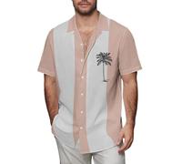 Camicia hawaiana da uomo estiva cubana Guayabera magliette in cotone lino a blocchi di colore camicie a maniche corte tropicali top tee, Z12-Camicia hawaiana rosa da uomo, M