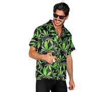 Camicia hawaiana da uomo in raso con stampa cannabis canapa The Ganja Style Beach Party a maniche corte JGA addio al celibato, nero/verde, L/XL