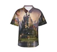 Camicia hawaiana da uomo leggendaria con stampa di castello delle fiabe, camicie estive casual, essenziali per le vacanze al mare tropicale, Nero , XL